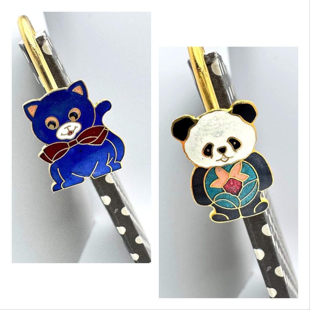 Cloisonné Set Of 2 Enamel Bookmarks Cat Panda Bear Gold-Toned Metal Multicolor